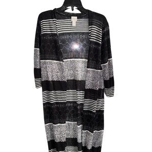 Chico's Black & White Duster Stretchy Knit Thin Cardigan Sweater Size 3